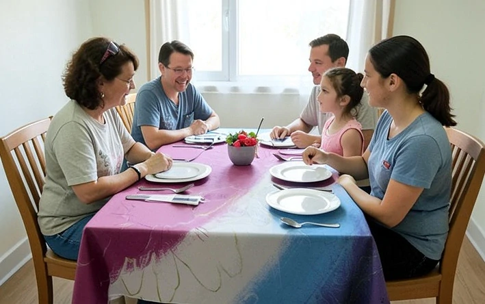Ubrus s pruhy bílá, purpurová a modrá - vzor 731 + prostírání