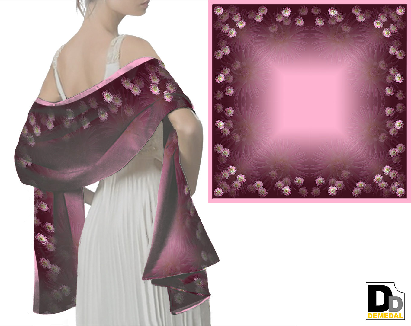 šátek společenský - růžové chryzantémy